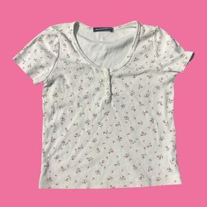 Brandy Melville White Floral Button Tee
